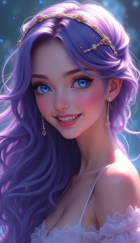 1 woman, long hair, smile, blue eyes, , Smooth between the eyes, headband, earring, Hair clips, Radioactive painting, Masterpiece, purple hair, หน้าsmile, F1 aperture.2, Twinkling light, digital art, 