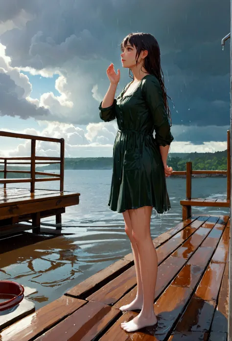 A pier in summer, a sudden summer afternoon shower, the shadow of a ship can be seen faintly in the rain-soaked landscape, a beautiful girl is standing on the pier, wet from the rain, looking up, she is soaking wet, the ship can be seen faintly in the back...