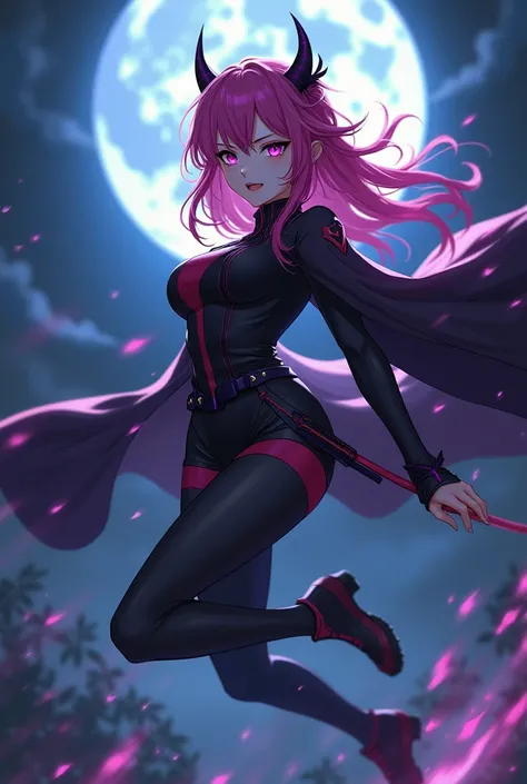 a beautiful woman with almond eyes, pink hair, full purple eyes, character like Kimetsu no Yaiba, eyes like Kochou Shinobu, tomboy holding a sword, flying looking at the enemy at night, wearing a Kimetsu no Yaiba demon hunter outfit, body like a slave