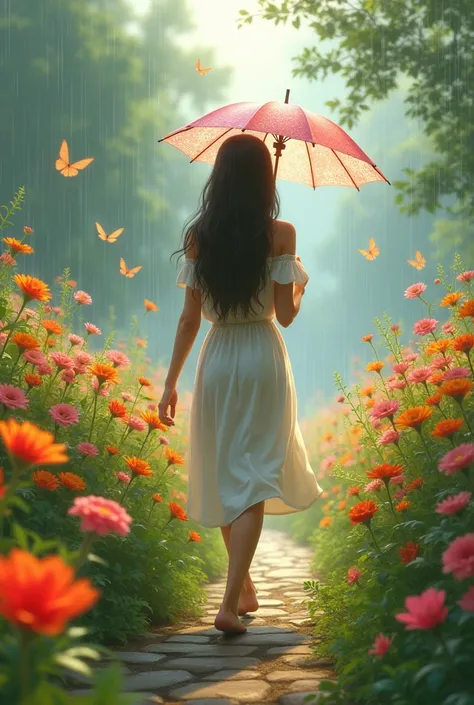 A quiet-looking young woman,long straight hair,Beautiful face, tanned skin,Walk with an umbrella in a flower garden with colorful butterflies.,The atmosphere is slightly rainy.