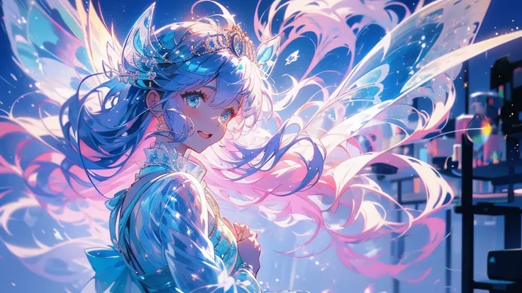 A girl with long blue hair, wearing a fluttering royal dress, blue eyes, a cheerful face, is flying in the sky, surrounded by floating clouds, the color is magical and shimmering, the effect is magical and sparkling, the whole scene is from afar