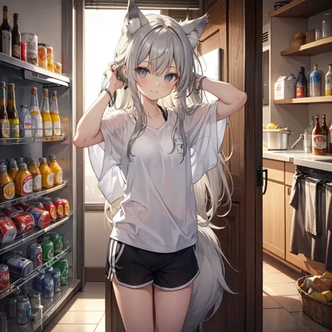 smile, Long Wavy Hair, 2 Tone (Gray and white) Comes with ear-like accessories, Cropped tank top, Sports shorts, Jewelry is prohibited, Relaxed pose, Are standing, One arm behind your head, The other one is holding a can, Looking down, Smooth skin with lig...