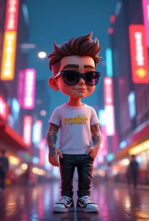 A captivating animated chibi illustration of a fashionable male character standing in a bustling urban environment at night. Short brown hair. The character sunglasses. She wears a white t-shirt with the same text "RANBIR" in bold gold letters, paired with...