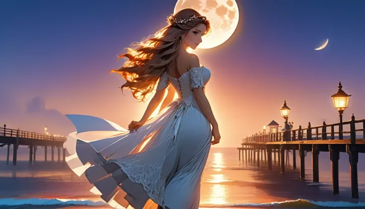 a fantasy pier at sunset a beautiful bride walking down the pier, a beautiful bride best detailed face, dynamic hair color, dynamic hair style, the moon is rising there are star in the sky, there is light house at the end of the pier, romantic atmosphere ,...