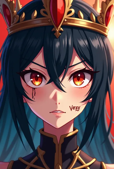 Badass anime girl zoomed in up close wearing a crown and has a small tattoo on her face that says “Vezy”