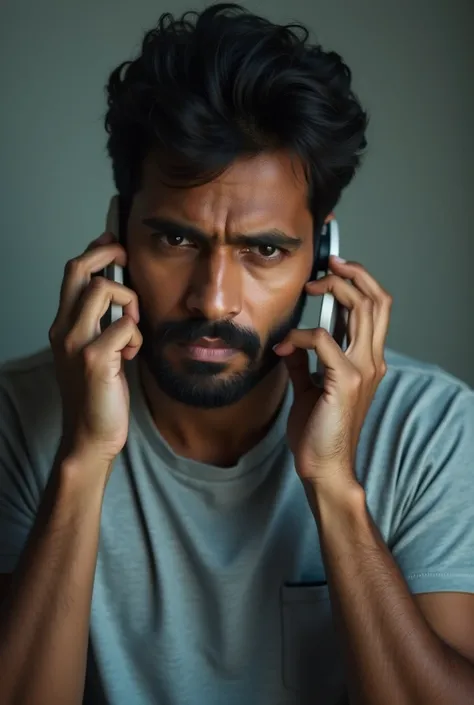 An indian man talking on phone, stress,tension, clean and clear face, 4k, 8k, 32k, hdr, cinematic, perfect lighting, vivid, simple grey tshirt