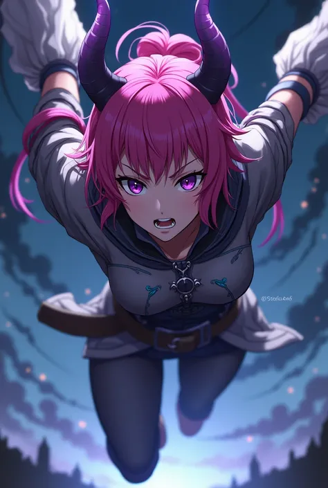 a beautiful woman with almond eyes, pink hair, full purple eyes, character like Kimetsu no Yaiba, eyes like Kochou Shinobu, tomboy holding a sword, flying looking at the enemy at night, wearing a Kimetsu no Yaiba hunter&#39;s outfit, body like a slave