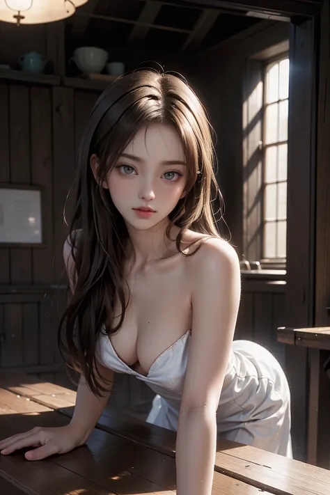 A pretty, completely naked young woman standing in front of the viewer, leaning over an old wooden table in front of her, resting her hands as she raises her head to look at the viewer. She is brunette and has short, tousled hair.