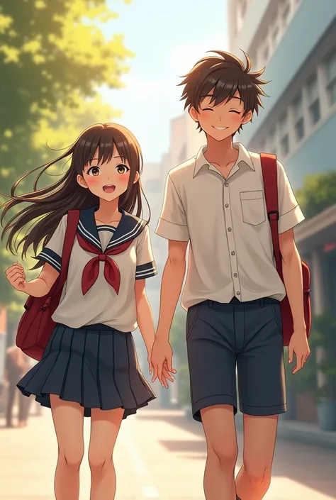 a girl and boy with a school uniform having fun walking to school they were both smiling, half-body