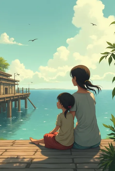 An image of a girl and her mother sitting in a port looking at the sea and the horizon