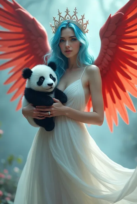 Woman Red Wings White Dress Big Breast Blue Hair Crown White Dress And A Panda Bear In Her Hands 