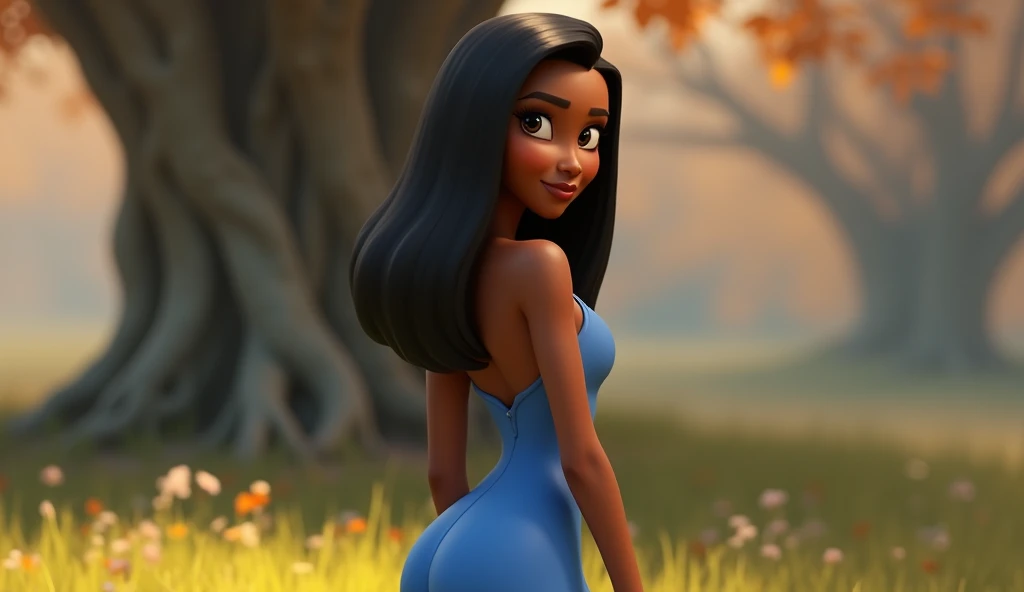 A black female cartoon character wearing a blue dress and straight hair., Animated characters, Chic characters, Animation style performance, 3D style, Arnold Maya Render, 3D styled, toon render key shot, 3D characters, 3D characters, Stylish 3D rendering, ...