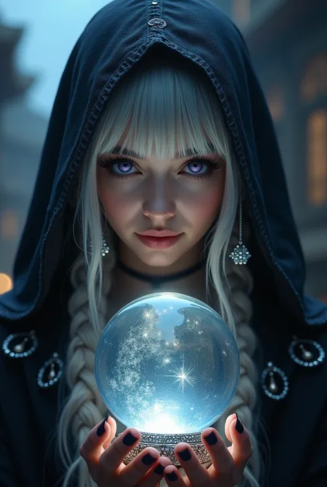 A round crystal ball like a fortune teller would have, Ancient City, midnight, Atmospheric, Elaborate depiction, Black Dress, silver hair, parted bangs, side braid, shiny hair, hood down, purple eyes, longeyelashes, earrings, seductive smile, hood, Verism,...