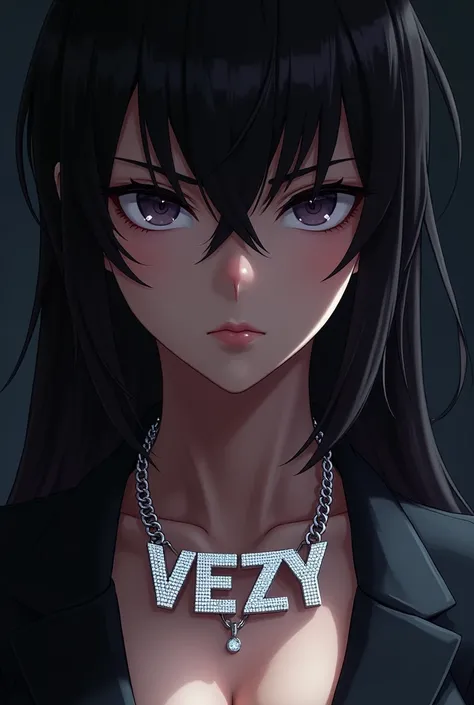 Badass anime girl zoomed in up close and wearing a diamond chain that says “Vezy” with diamonds