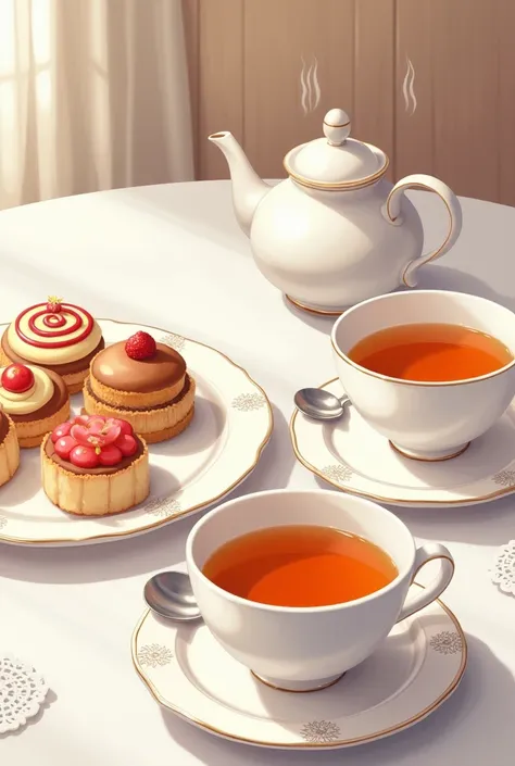 A set of afternoon tea can be seen on a table. On the table, there are two cups filled with hot tea. There is also a plate filled with various types of cakes.
Describe this scene from a close-up perspective, with an emphasis on shapes, textures, and space....