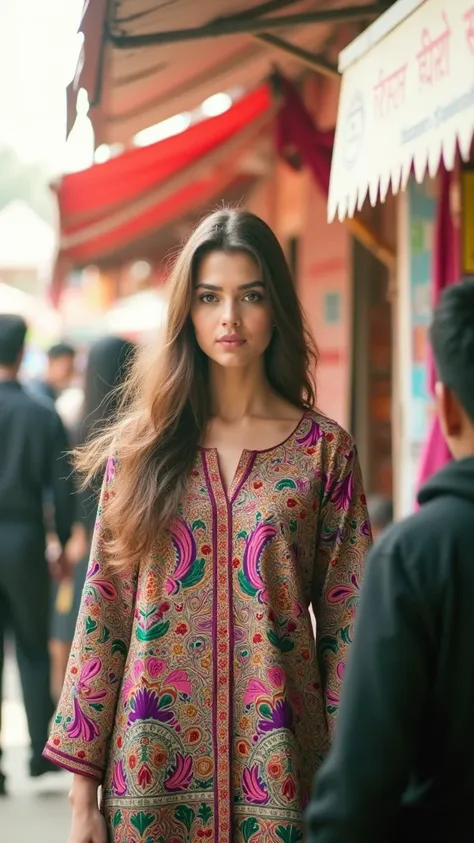 "Aiza Amir at a vibrant Lahore street food festival, wearing a colorful, embroidered kurta from Nishat. Her long brown hair is styled in loose waves, and her grey eyes sparkle with excitement as she samples a variety of traditional dishes. The lively atmos...