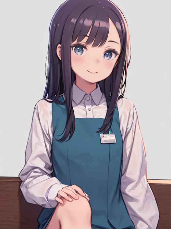 One girl in a white shirt and blue vest，pants，Sitting，Working in the office，Long Hair，smile，Simple Background，((Anatomically correct, Accurate, Attention to detail, Highest quality))