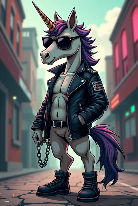 Cartoon Unicorn Rebel Black Jacket Glasses Gangster Chain