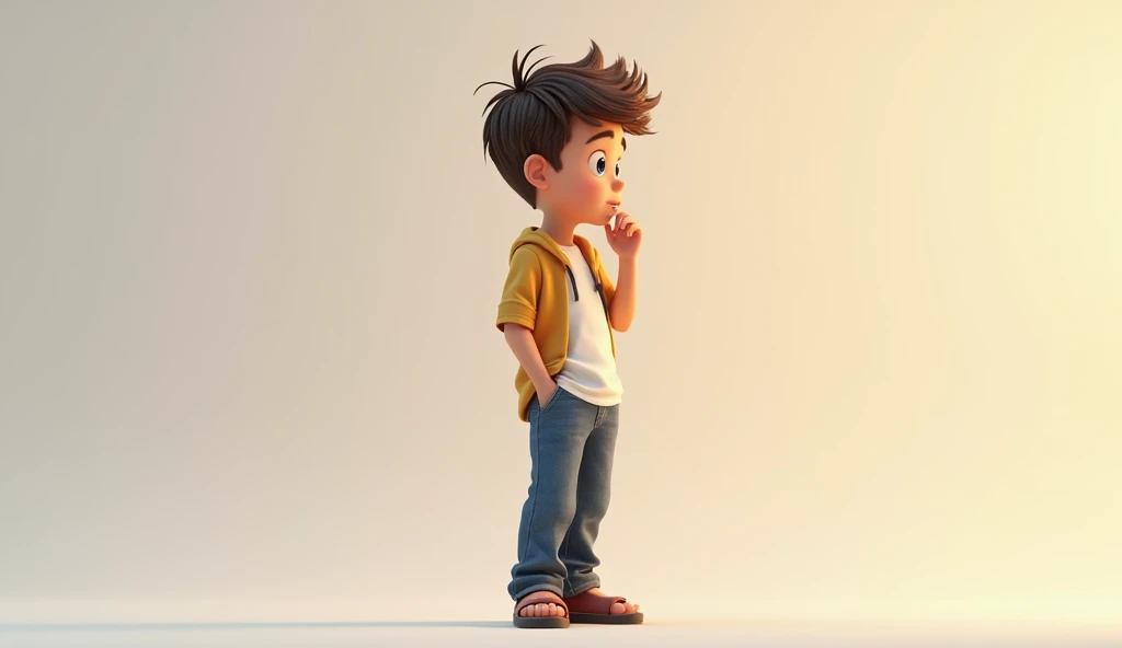 create 3d illustration 2 boy full body, the boy try to thinking about something , boy wear casual clothes and Sandles, 8k very ultra realistic and modify it according to your perspective 