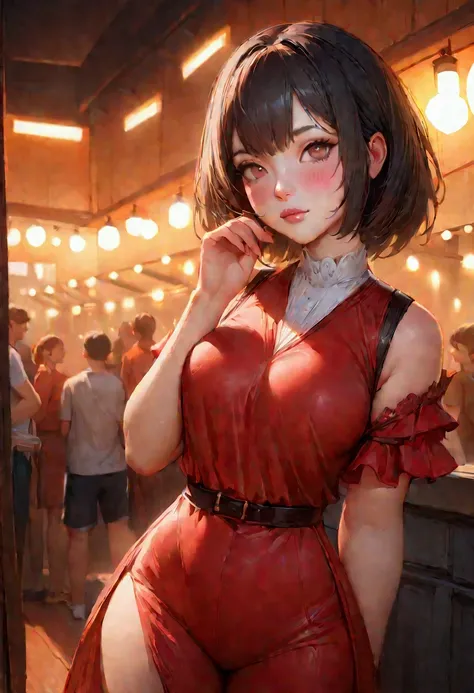 1girl, cowboy shot of beautiful ada, looking at viewer, red dress, black hair, blush, short hair, athletic night, volumetric lighting, best quality, masterpiece, intricate details, tonemapping, sharp focus, hyper detailed, trending on Artstation, ada, real...