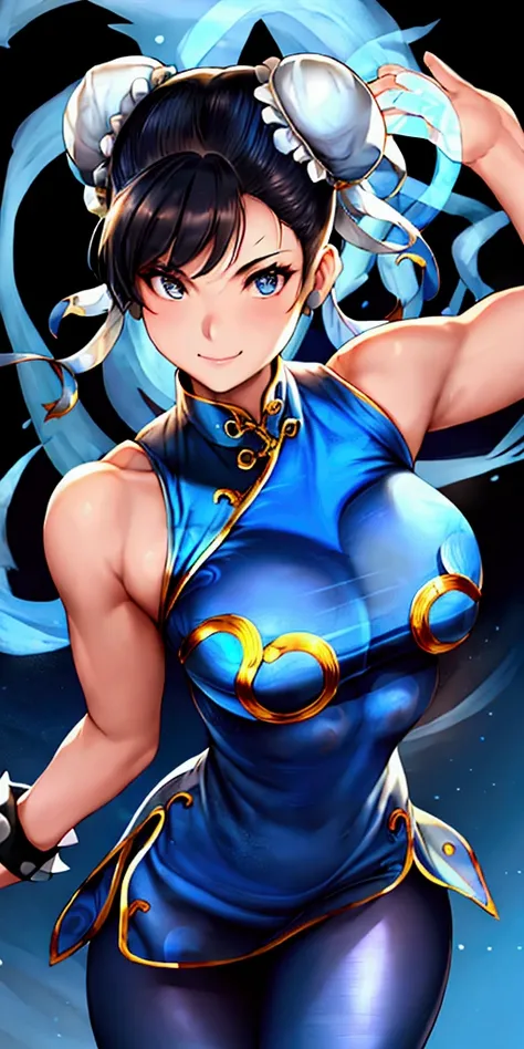 ((Chun-Li,ponytail,blue Leggings:1.3)),upper body, Looking at the audience,Slim and sexy figure, the best quality, (8k), (4K),(masterpiece), (the best quality), Extremely detailed, Game CG, Ultra Detailed, illustration, Beautiful Body,Beautiful nose, Perfe...