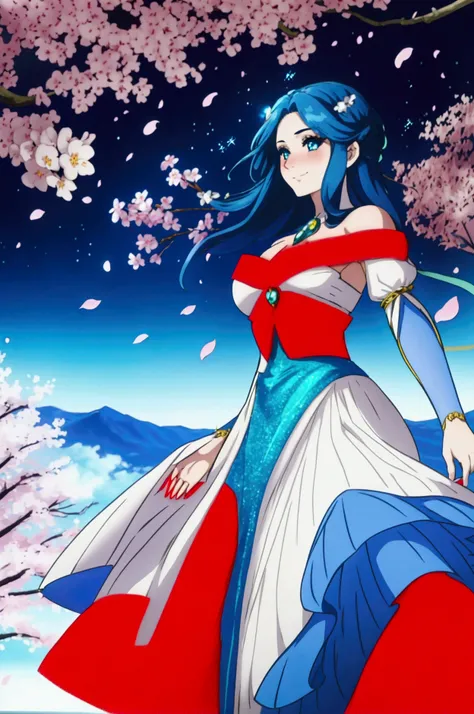 A girl with long blue hair, wearing a royal dress, blue eyes, cheerful face, surrounded by cherry blossoms flying in the wind, magical and shimmering colors, magical and sparkling effects, panoramic view from afar