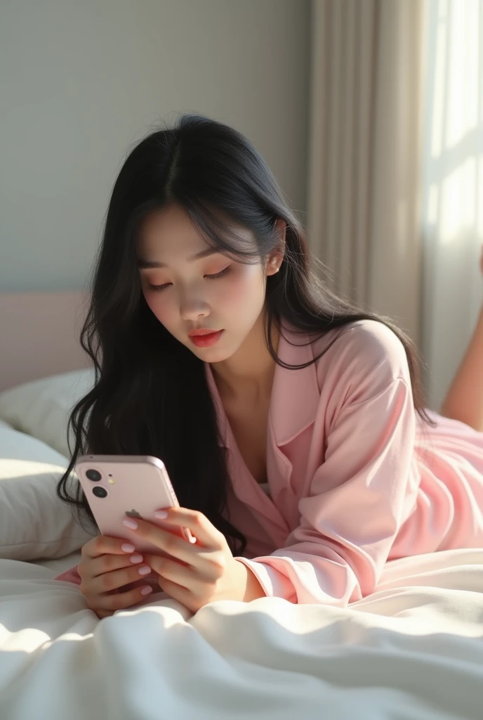 "K-Pop Style Women&#39;Realistic image、Korean Beauty, length, Wavy black hair. She is lying down、Pale pink long pajamas., The body is lying face down、Looking at the iPhone 15 screen。