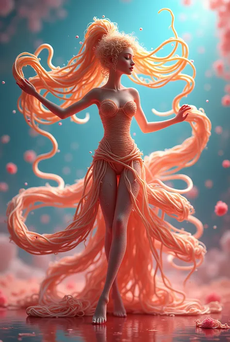 The character made of noodles is performing a charming dance. The character begins to move gracefully, swaying her hips and waving her arms like snakes.