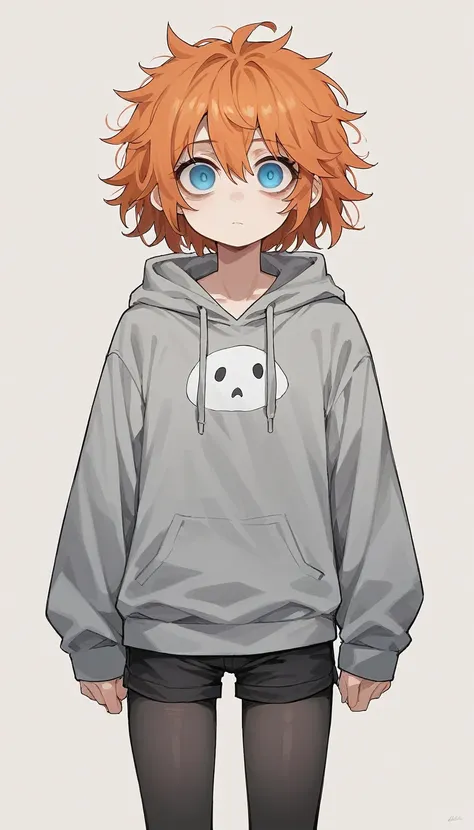 1girl (orange hair, icy-blue eyes, messy hair, grey hoodie, black short shorts, black tights, black plimsolls, blank stare at vi...