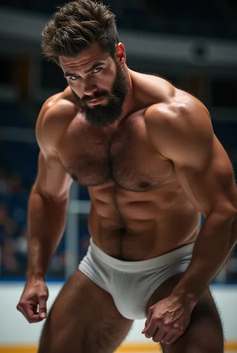 Close Underneath view of a hairy sexy hot shirtless  hockey player wearing a white jockstrap bulge and hairy legs bent over the camera with his hands behind his head and hairy armpits