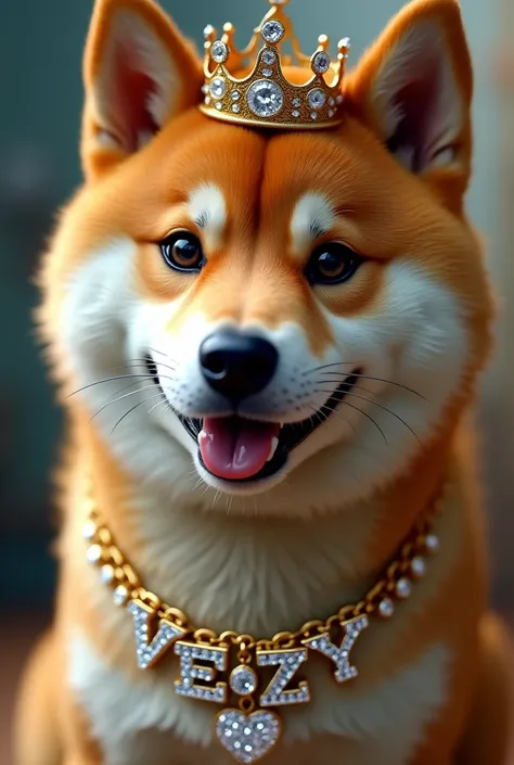 Doge dog meme zoomed in up close wearing a crown and a diamond chain that says Vezy in the diamonds 