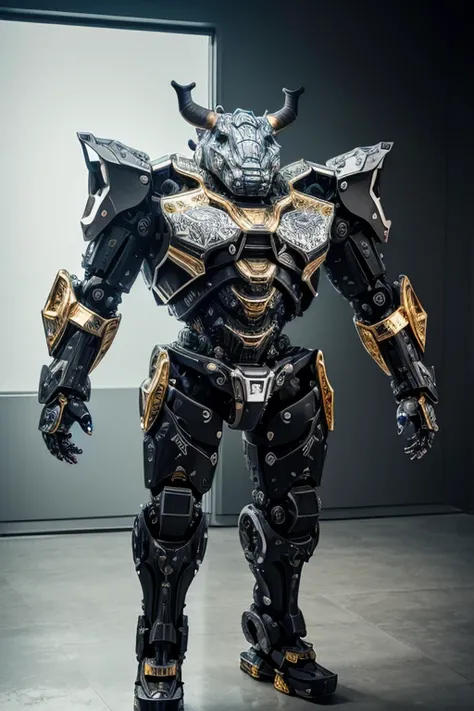 UHD, hyper detailed A robot of a two-horned rhinoceros, with intricate and detailed details, transparent body, the mechanical arrangement of robotics in his body is clearly visible, with black details, crom, silver and gold