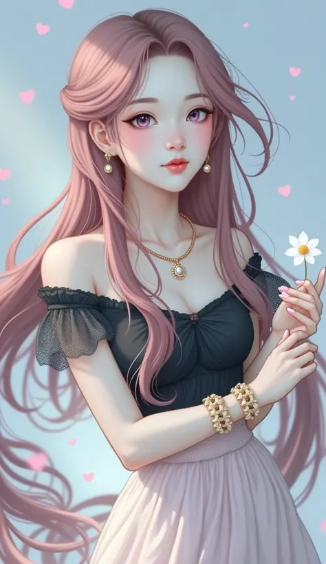 The image features an illustration of a woman with pink hair, adorned in a flowing pink dress that has delicate floral embellishments. She is accessorized with jewelry including a necklace and bracelets, which also have a pink hue complementing her attire....