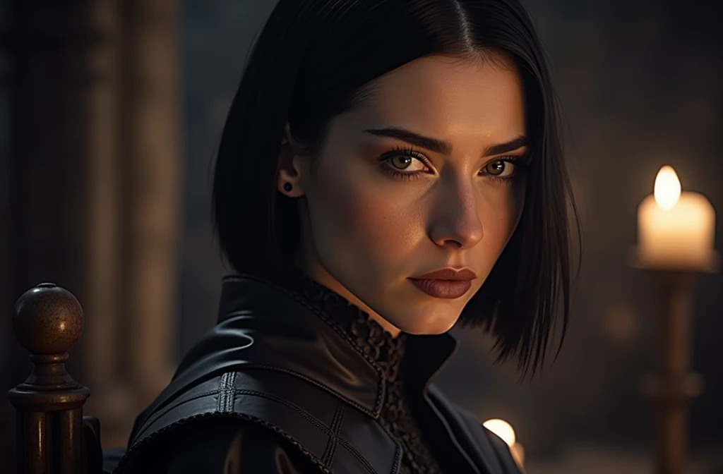 (High quality: 1.3), cinematic shot, masterpiece, (sharp focus: 1.5), (photorealistic: 1.3), medium portrait of (a beautiful young vampire woman, pale skin, gothic, still proud and fierce, straight black short bob hair, dark look, dressed in a highly detai...