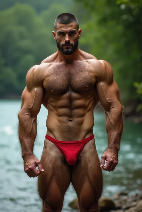  A skinny 1 gymnast. Hes got 
Bold physique, heavily hairy chest, short hair cut half boxy, red lace thong panties with a powerful cock protruding from the front, standing pose, gaze directed at the camera clearly defined muscles. Breasts and torso covered...