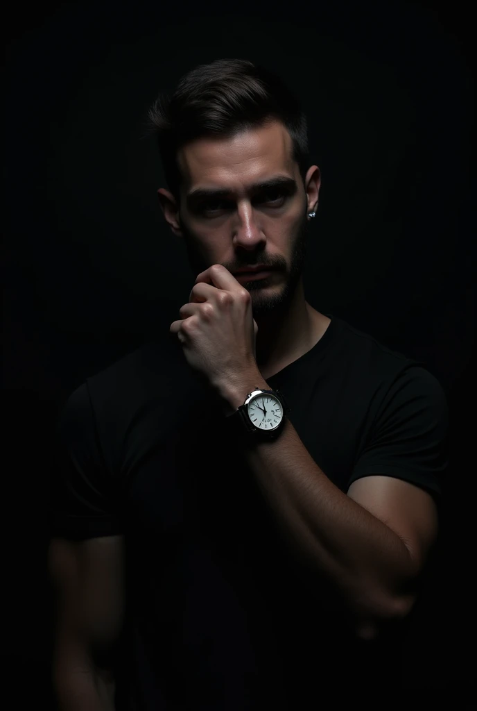 A man wearing black t shirt black background with watch 