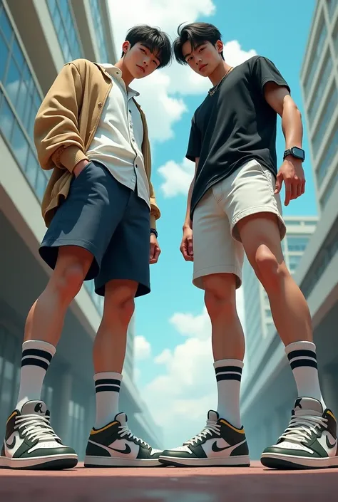 2 handsome asian male teenagers with tall and slim bodies. 1st wears a white shirt, beige cardigan, navy blue shorts, long white socks with 2 black stripes and air jordans. 2nd wears a black t shirt, white shorts, long black socks with 2 white stripes on i...