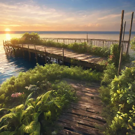 (la best quality,high resolution,very detailed,practical),abandoned and dilapidated summer pier，covered in plants，sunset（ （（a ma...