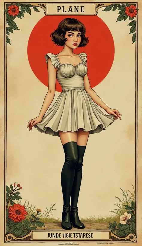 masterpiece, plain tarot aesthetics, masturbation humping, tarot plain vintage, tight flirt dress, thigh-high boots, teenage junior girl, tease herself, languid posing,short haircut, brunette|blond, freckles, vintage aesthetics line-art, in fiting-rioom,