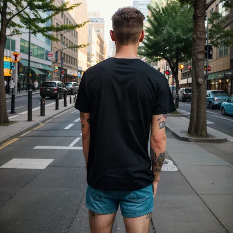 (photorealism:1.2), 30 year old male, caucasian, cool, tattoo, street style, wearing a completely blank black t-shirt, standing outside in the city, turned his back to camera, seen from the waist up,
