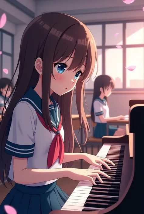 A girl in a short-sleeved high school uniform with long brown hair and blue eyes is playing the piano while singing in an anime class.