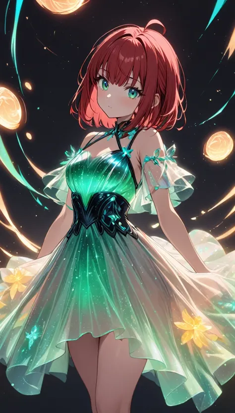 1girl,rubyred hair,bowlcut hair,half circle ahoge,blue green eyes,bioluminescent dress,dark background,cowboy shot