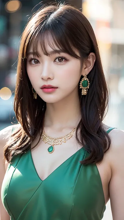 1 female, Beautiful Korean stars, Age 25, Double eyelids,Miles, detailed face, big earrings，large necklace, Put on flashy makeup using red eyeshadow.，Light brown hair parted in the middle, sweet and gentle，The ends of the hair are wavy.，Chic hair style，Fin...