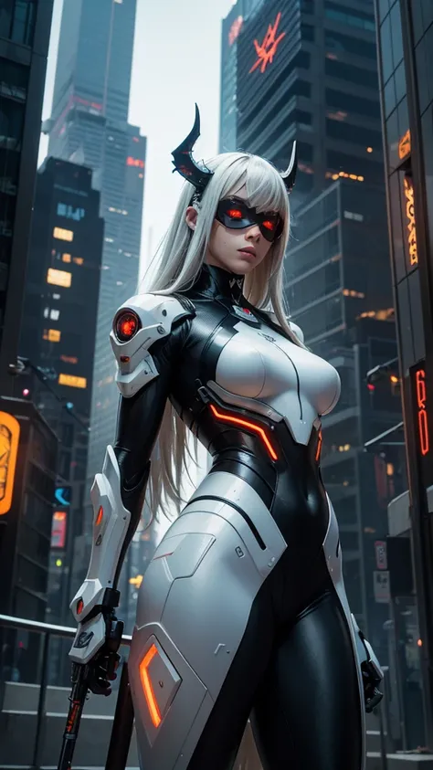 1girl, a beautiful girl cyborg cyberpunk with a cyberpunk city tall buildings, white hair, cybermask, white and orange and black machine suit color combination, the body full of machine, realistic futuristic hologram, asian skin tone, beautiful eye, beauti...