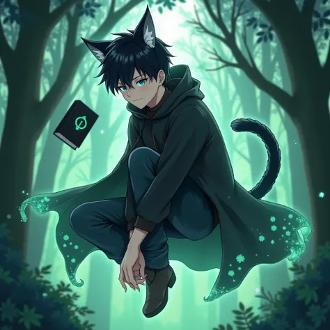 young male with blue iris and vertical eye, he have black cat-ear and black cat tail, black quiff haircut with a glowing green aura around his body. He wearing basic black cloak long sleeve. Bowing floating pose. black book is floating around him. Forest B...