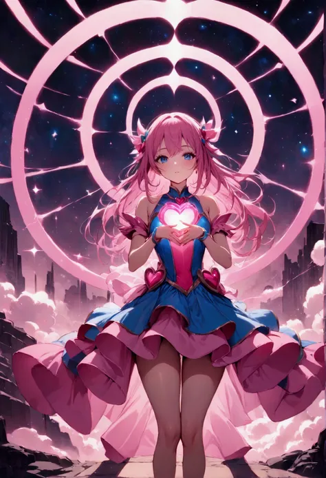 (Masterpiece:1.2), (The best quality:1.2), Perfect lighting, beautiful girl, perfect girl, hands hidden, pink magician girl, touching her pink hair, floating pink hair, floating in the air, big , neckline, create a magic background using shades of pink pur...