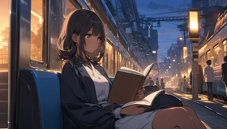 Dark-haired woman sitting on a train, evening, Streetscape, reading a book、Japanese