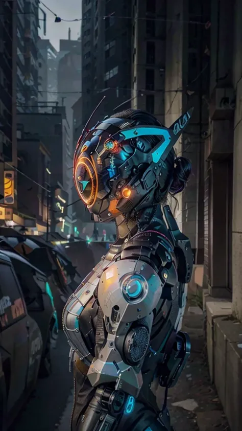 1girl, a beautiful girl cyborg cyberpunk with a cyberpunk city tall buildings, white hair, cybermask, white and orange and black machine suit color combination, the body full of machine, realistic futuristic hologram, asian skin tone, beautiful eye, beauti...