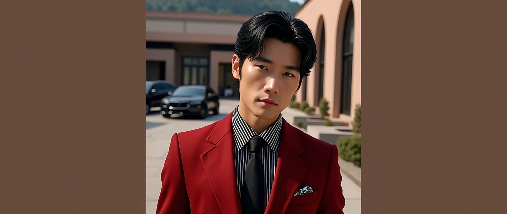 A male, he is Korean, old money black hair, dark blue eyes,red suit, black tie,striped undershirt, chic clothing style, light skin, in front of your new mansion,gear boxes, moving cars,