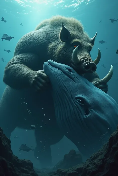 A muscular wild boar that is bigger than a blue whale，And biting the body of the blue whale in the deep sea,Sense of giants，3d,The whole picture is bright and clear HD UHD